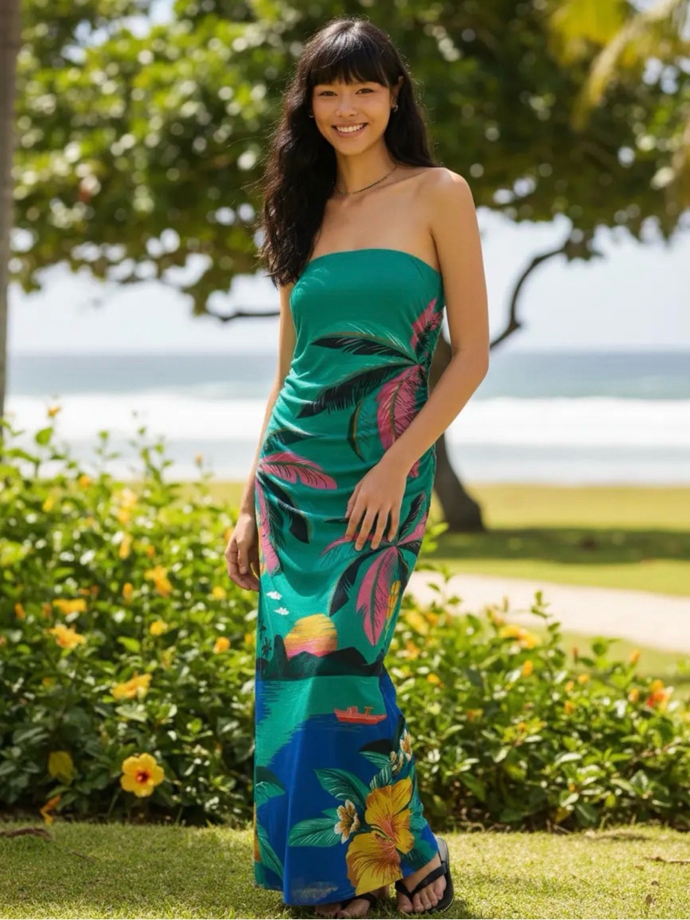 NWOT Strapless Teal Tropical Maxi Dress